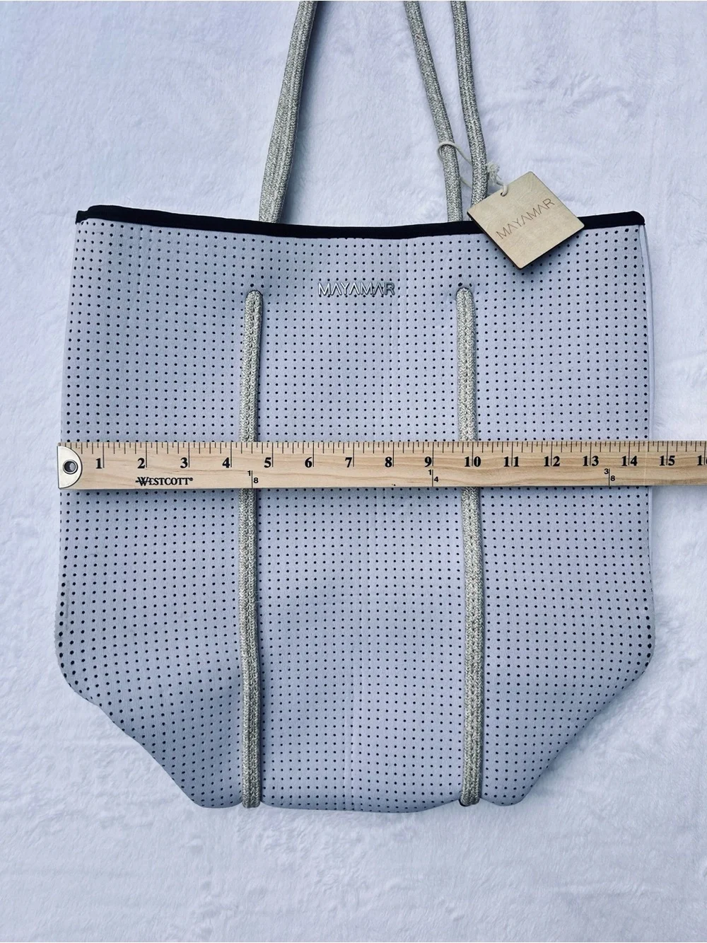 MAYAMAR Tote Bag Set Womens Light Gray Silver Perforated Rope Handles Hang Tag